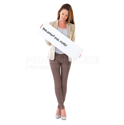 Buy stock photo Business, sale and woman with poster, studio and discount or promo, mockup and price on paper and text. Advertising, deal and person in white background, smile and clothes for fashion, store or shop