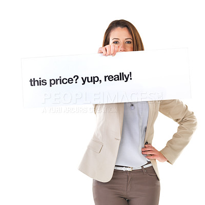 Buy stock photo Woman, studio and poster board in portrait with sale for branding with signage for advertising with confidence, Banner, price and market with text for customer with paper for discount for savings