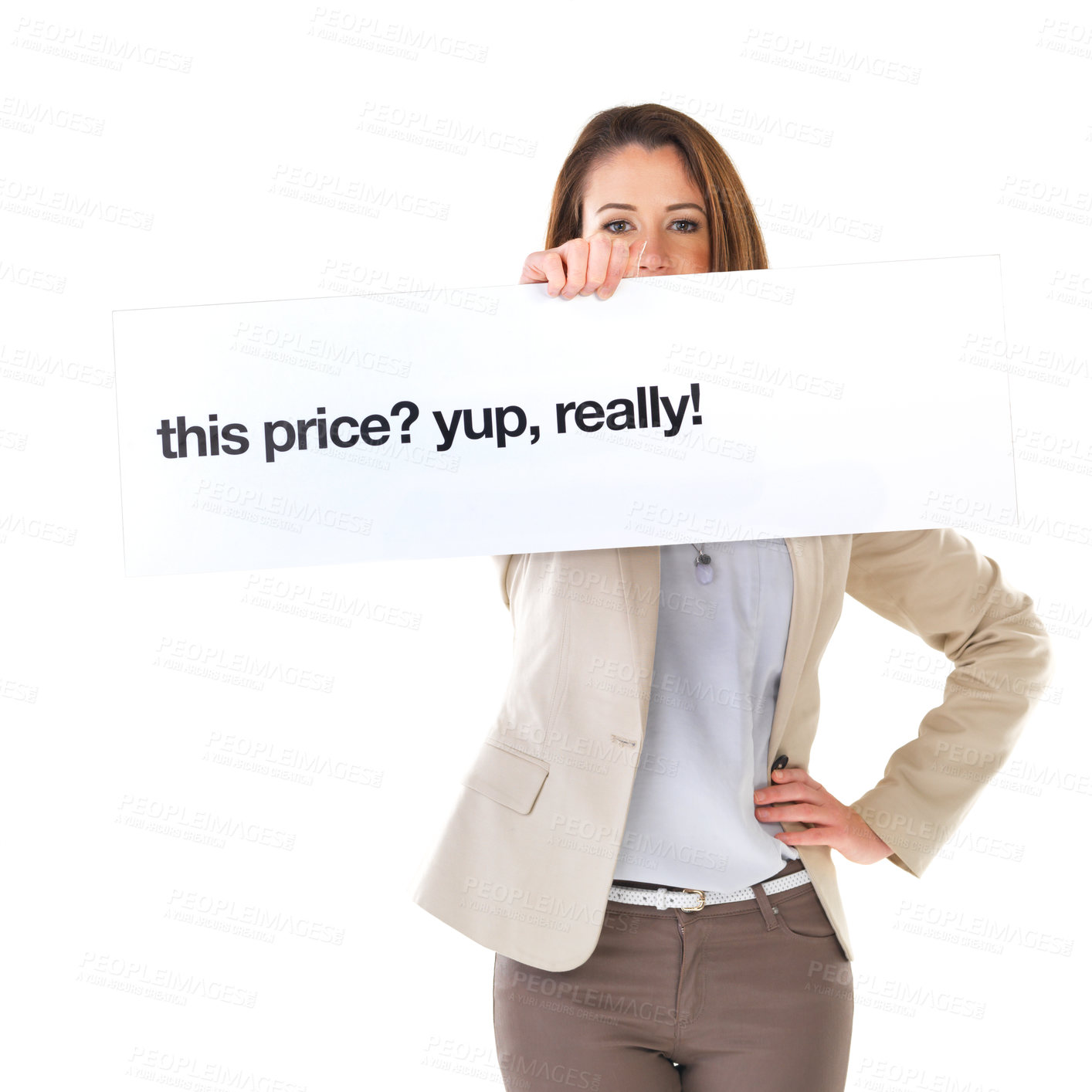 Buy stock photo Woman, studio and poster board in portrait with sale for branding with signage for advertising with confidence, Banner, price and market with text for customer with paper for discount for savings