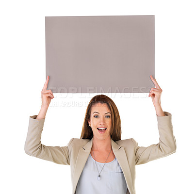 Buy stock photo Happy woman, portrait and billboard with poster in advertising or marketing on a white studio background. Female person or business employee with sign for promotion or job opportunity on mockup space