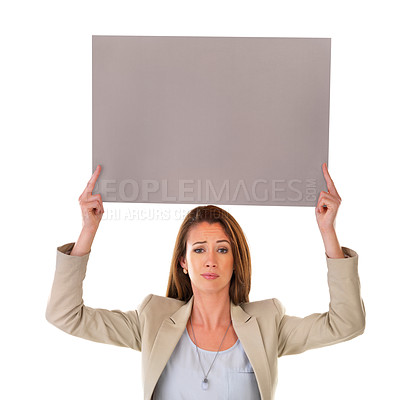 Buy stock photo Poster, business and portrait of woman in studio for information, announcement and news. Professional, serious and isolated person with banner, billboard and sign for mockup space on white background