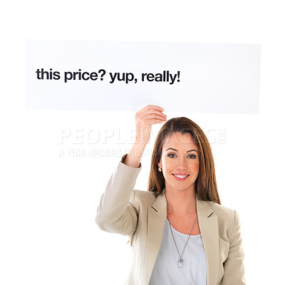 Buy stock photo Poster, happy and portrait of woman in studio for promotion or advertising of real estate agency. Smile, banner and professional female property consultant with sign for sale by white background.