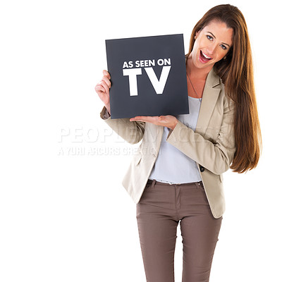 Buy stock photo Text, woman and portrait in studio for marketing strategy or promotion, message and announcement. Girl, board or poster for advertising campaign for consumer service, branding and shopping sale.
