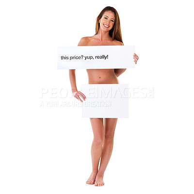 Buy stock photo Happy woman, portrait and nude with poster for marketing, advertising or social media on a white studio background. Female person or young model with smile, billboard or chat notification on mockup