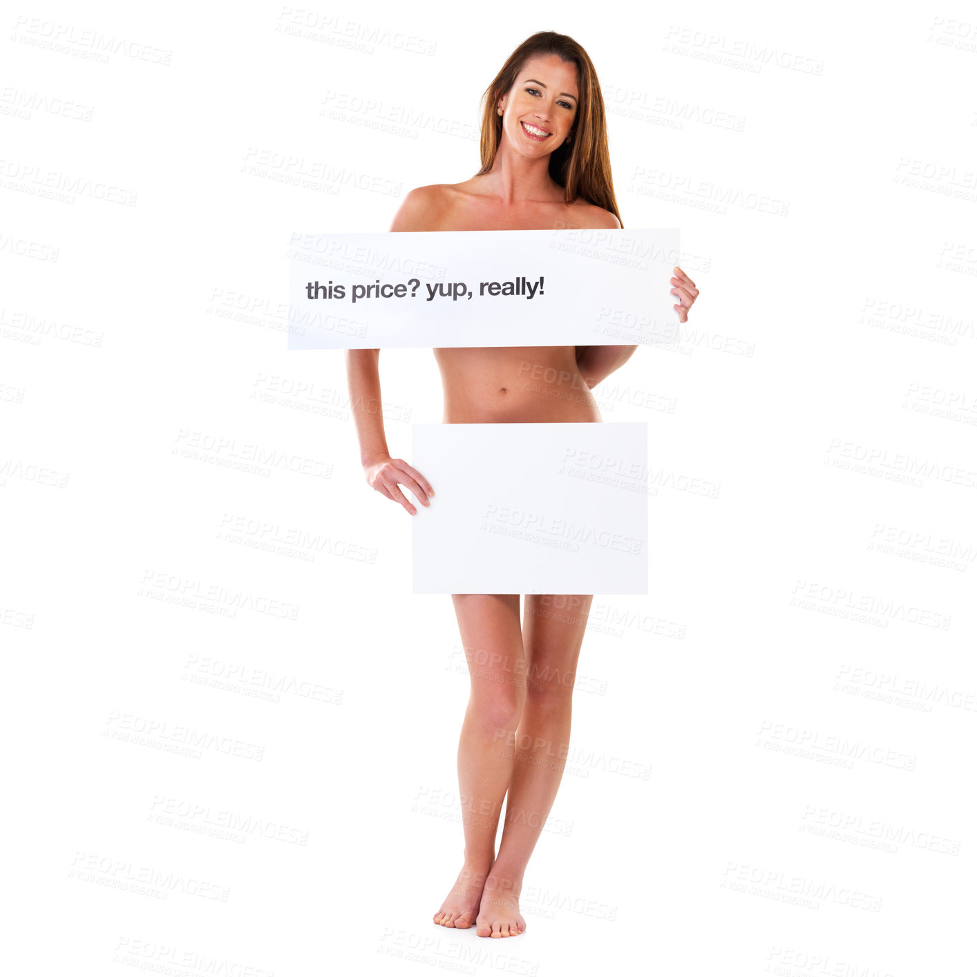 Buy stock photo Happy woman, portrait and nude with poster for marketing, advertising or social media on a white studio background. Female person or young model with smile, billboard or chat notification on mockup