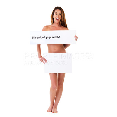 Buy stock photo Studio shot of a nude young woman covering herself with two placards