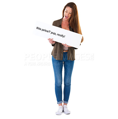Buy stock photo Woman, sign and sale poster with shock for low prices on white background, promoting or marketing. Female person, billboard and exciting announcement in studio with writing, mockup space or discount