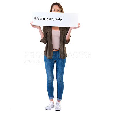 Buy stock photo Woman, portrait and sale poster for discount prices on white background, promoting or shopping. Female person, billboard and savings announcement in studio for launch sign, mockup space or cardboard