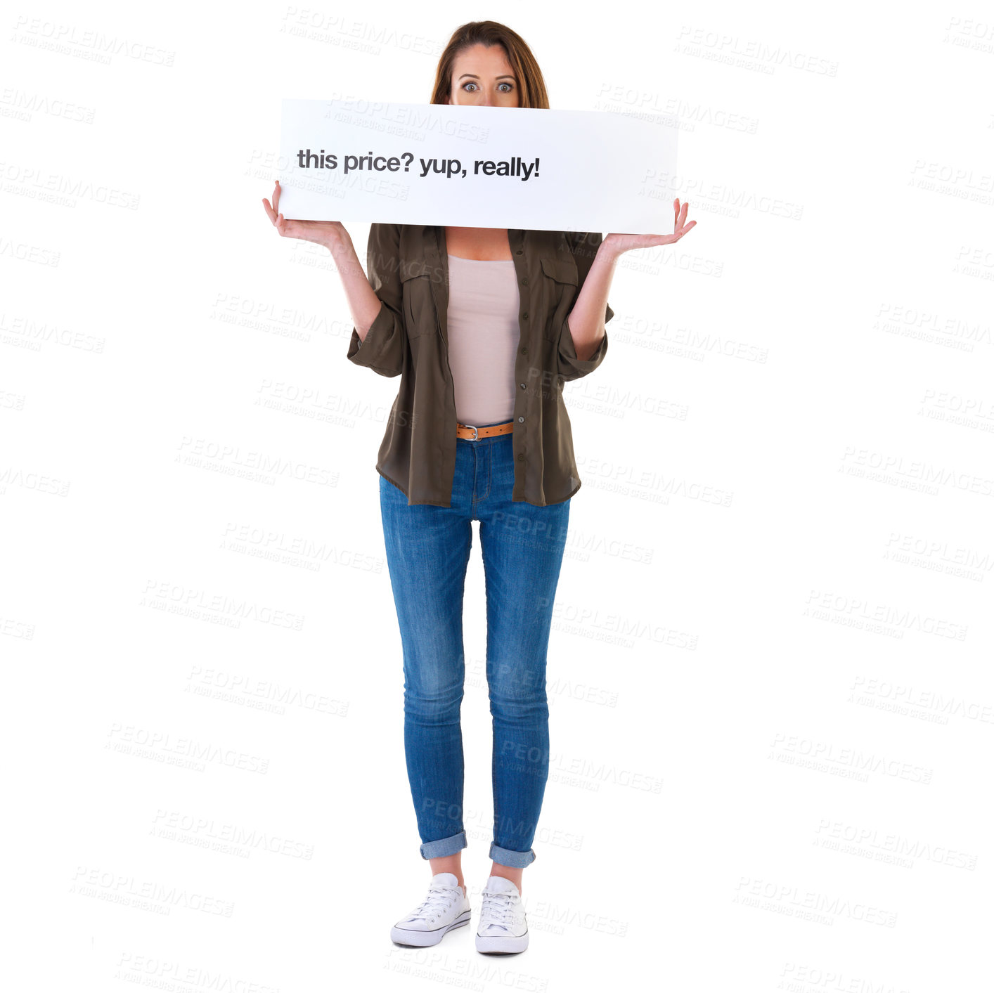 Buy stock photo Woman, portrait and sale poster for discount prices on white background, promoting or shopping. Female person, billboard and savings announcement in studio for launch sign, mockup space or cardboard