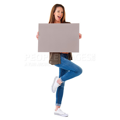 Buy stock photo Poster, white background and portrait of woman on a white background for announcement, news and information. Mockup space, happy and isolated person with sign for promotion, deal and sale in studio