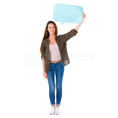 Buy stock photo Happy woman, portrait and speech bubble with fashion for social media or advertising on a white studio background. Female person with smile, icon or shape for notification, alert or message on mockup
