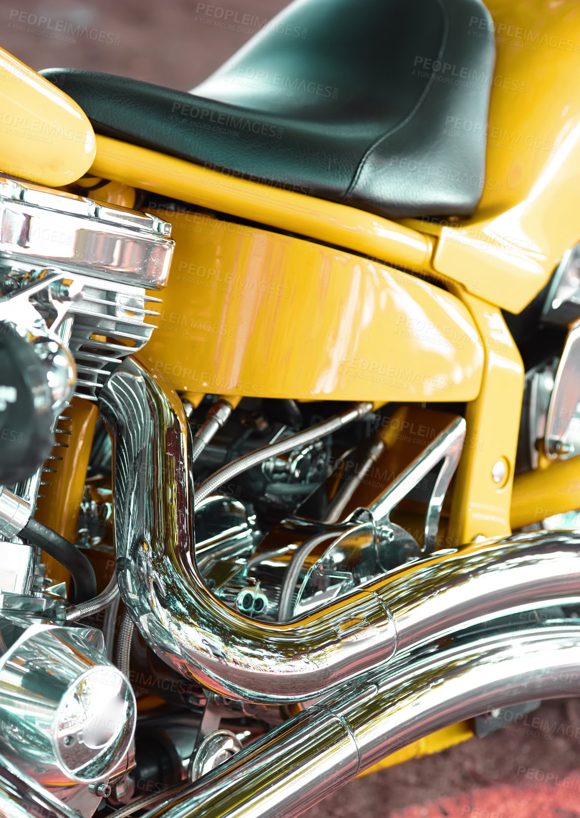 Buy stock photo Closeup of a custom design motorbike with chrome leather seat. Details of a yellow luxury motorcycle. An upgrade to a motorcycle with expensive motor components at an auto parts and service store