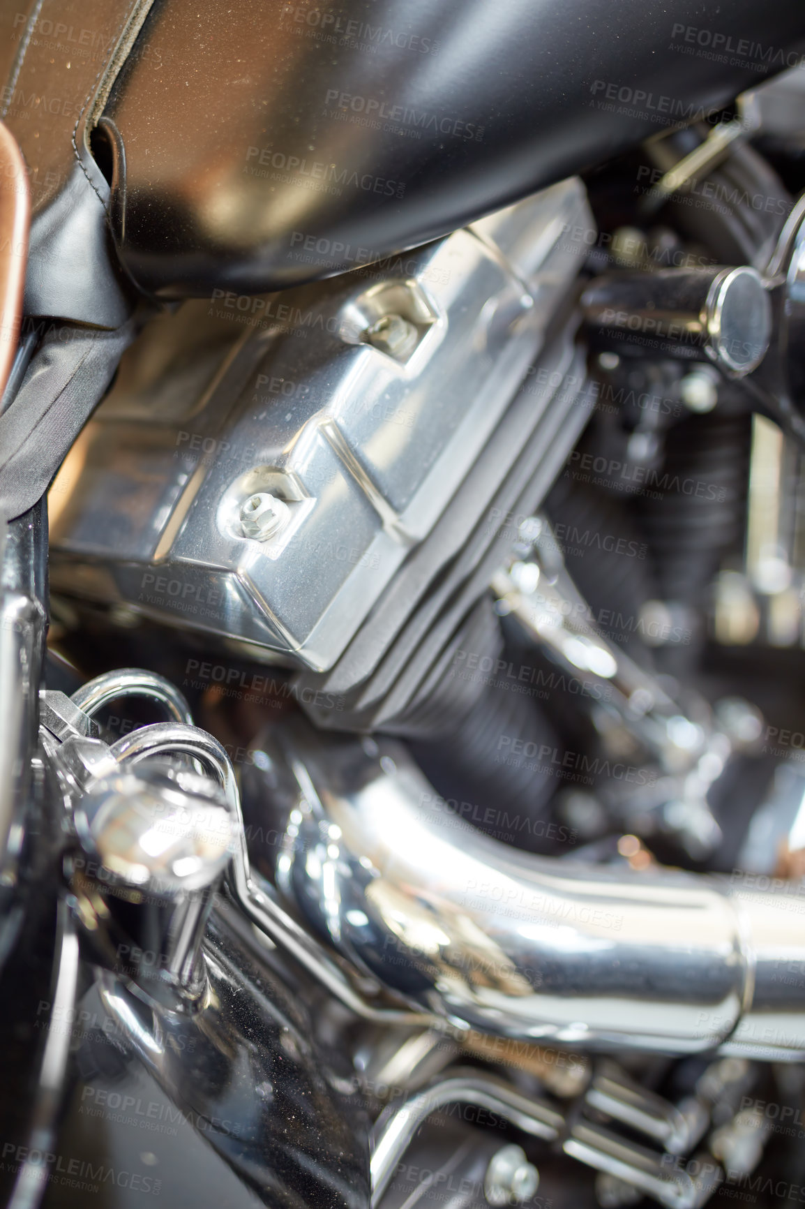 Buy stock photo Closeup of motorbike engine and radiator in mechanic garage and repair shop with shiny chrome bars. Clean detailed metal motorcycle and stainless steel parts. Fixing and maintenance on transport bike