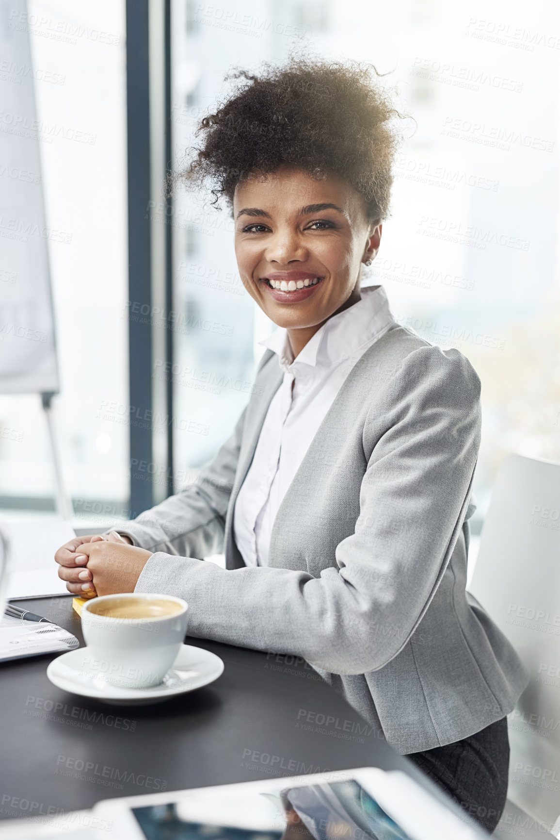 Buy stock photo Portrait, business and black woman with coffee, accountant and financial advisor with smile and economist analyst. African person, professional and broker with startup and corporate with morning tea