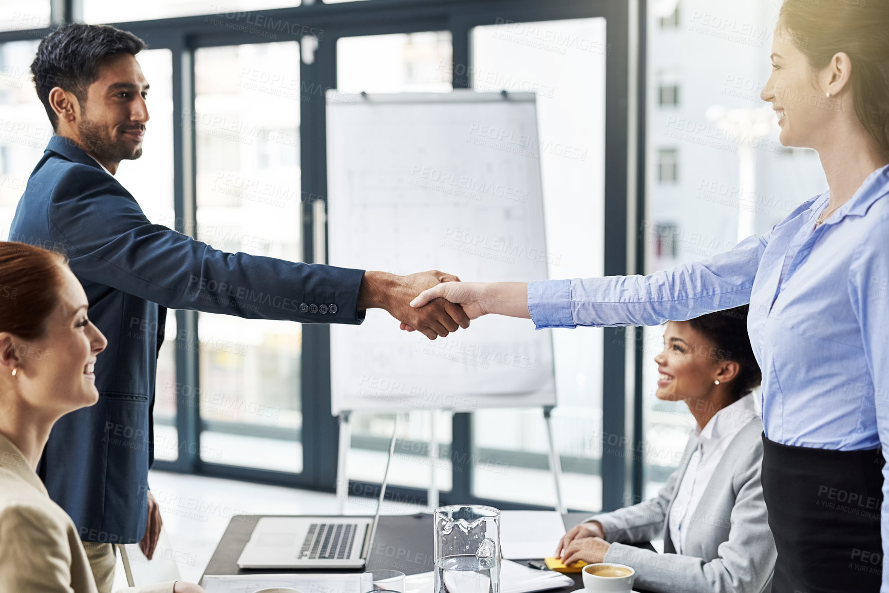 Buy stock photo Business people, handshake and meeting with partnership for agreement, introduction or greeting at office. Businessman shaking hands with colleague or group for deal, b2b or teamwork in boardroom