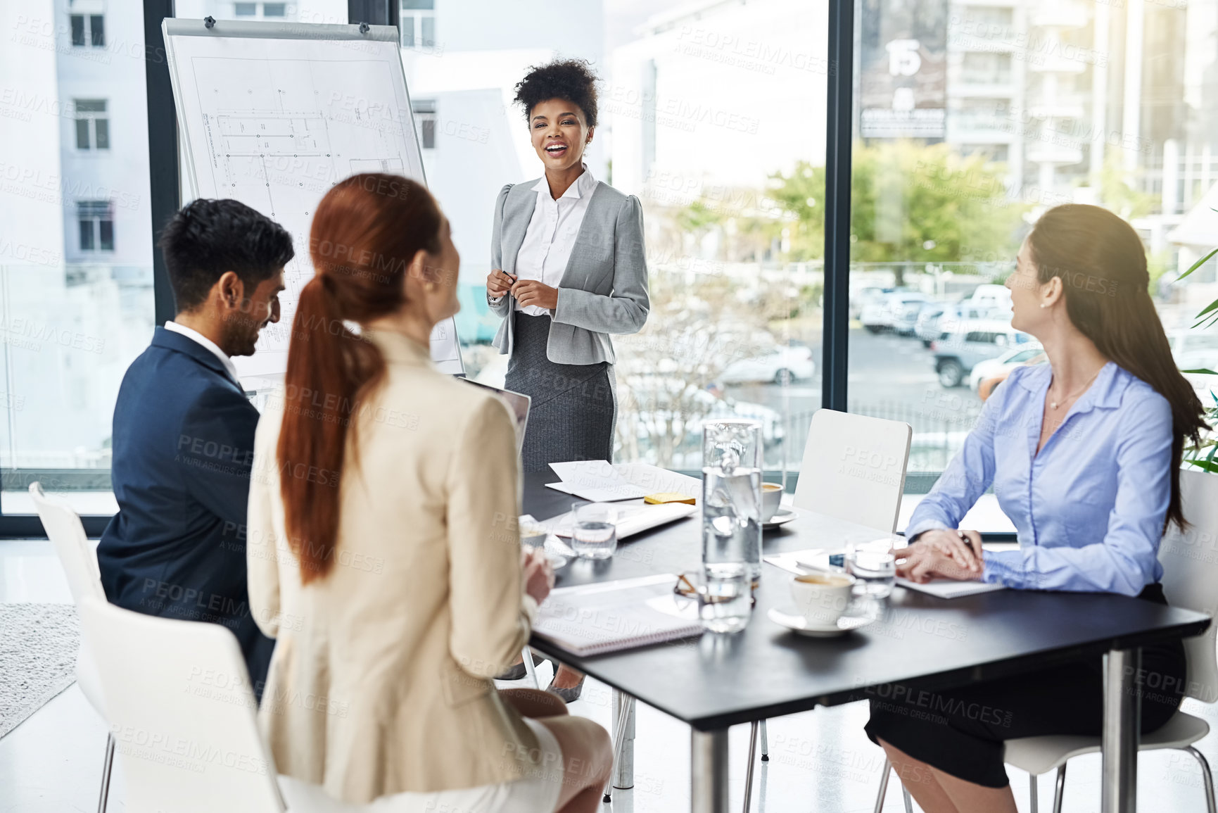 Buy stock photo Business woman, coach and meeting with whiteboard for team presentation in boardroom at office. Female person or presenter talking to group or staff for corporate discussion or mission at workplace