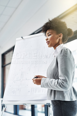 Buy stock photo Business woman, coach and presentation with Flipchart for seminar or teaching in boardroom at office. Female person or presenter talking with whiteboard for corporate discussion or plan at workplace