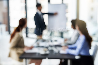 Buy stock photo Meeting, workshop and blurred presentation with business people, coaching or group in office. Planning, goals and feedback at strategy seminar for growth, development with men and women at whiteboard
