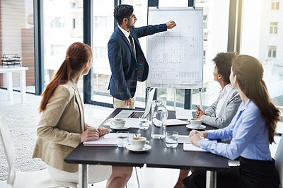 Buy stock photo Architecture, presentation and speaker with whiteboard in meeting, blueprint for renovation and business people in discussion. Planning, information and floor plan for construction project with team