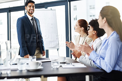 Buy stock photo Presentation, man and happy with applause for success, deal and teamwork or collaboration. Diversity, boardroom and happiness for business achievement with strategy, planning and clapping hands