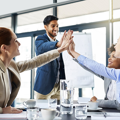 Buy stock photo High five, business people and meeting for support or success, architect group with smile and agreement. Planning, construction project and team building with diversity, trust and community in office
