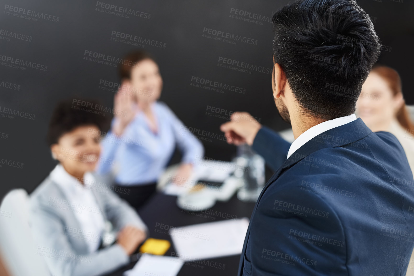 Buy stock photo Business people, presentation and speaker in meeting with question, discussion and corporate training for team building. Choice, hand up for FAQ and collaboration at workshop, seminar and audience
