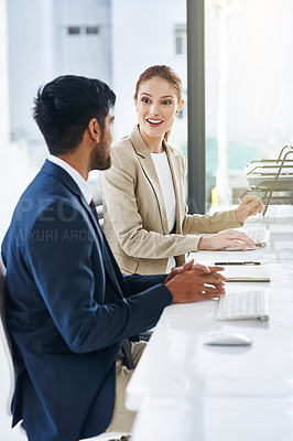 Buy stock photo Meetings, people and conversation with smile for teamwork or collaboration. Partnership, boardroom and happy for business or corporate achievement with strategy, planning and discussion in office 