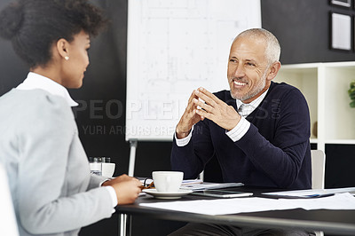 Buy stock photo Job interview, happy CEO and woman in office for business meeting, discussion and networking with candidate. Leader, smile and mature HR manager explaining hiring process, recruitment and our vision