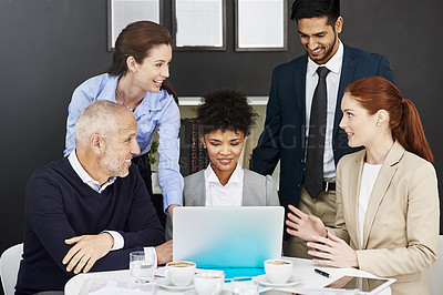 Buy stock photo Mature CEO, meeting or business people with laptop in office for talking or speaking of research. Teamwork, mentor or financial consultants in conversation, communication or discussion in workplace