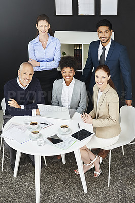 Buy stock photo Portrait, meeting or business people with laptop in office for support or speaking of research news. Teamwork, financial or happy consultants in conversation, communication or discussion in workplace