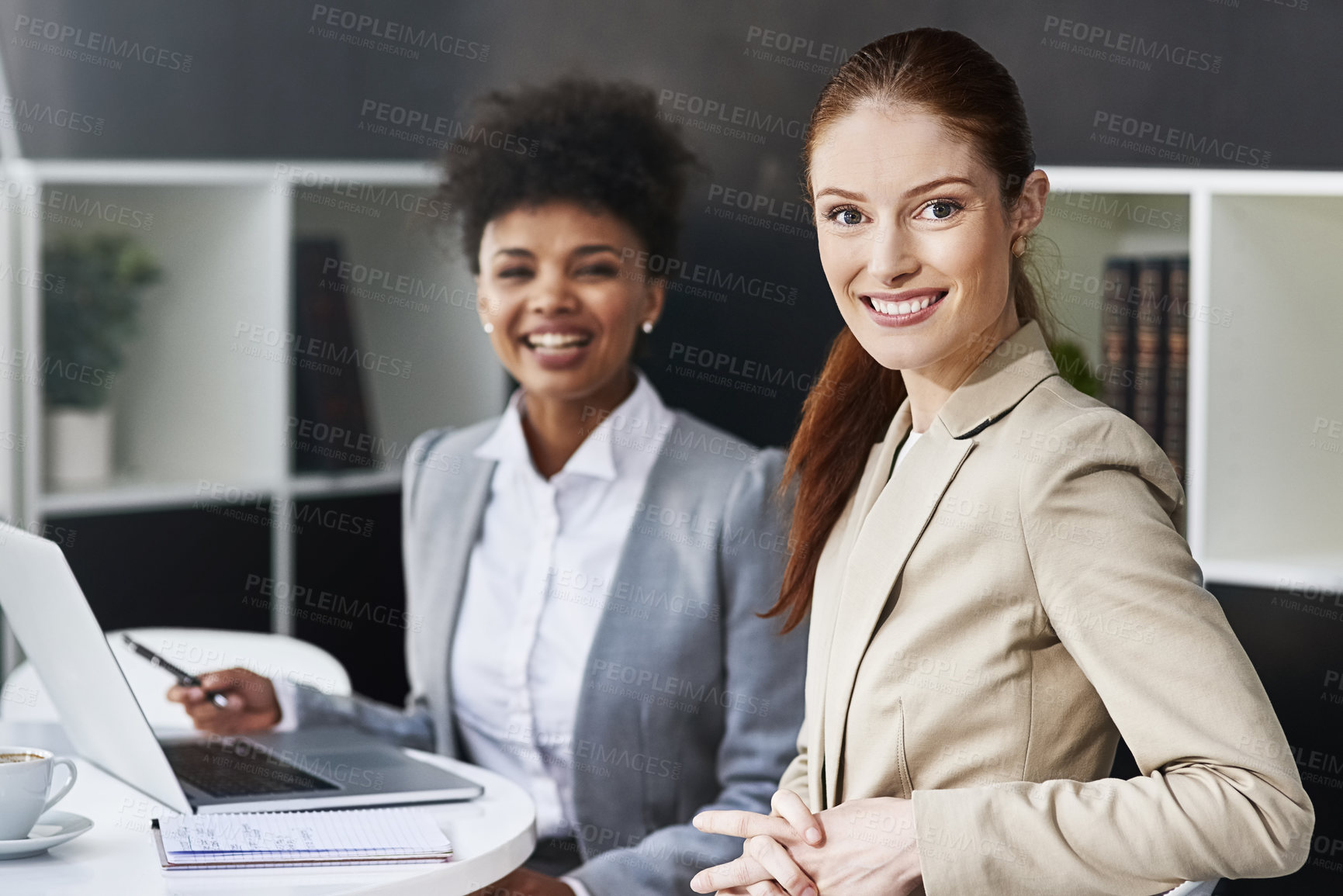 Buy stock photo Portrait, meeting or business women with laptop in office for support or speaking of research news. Teamwork, happy or financial consultants in conversation, communication or discussion in workplace