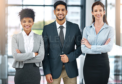 Buy stock photo Portrait, smile and group of business people together in office for cooperation, diversity or about us. Happy team, confidence or women with arms crossed for solidarity or collaboration of consultant