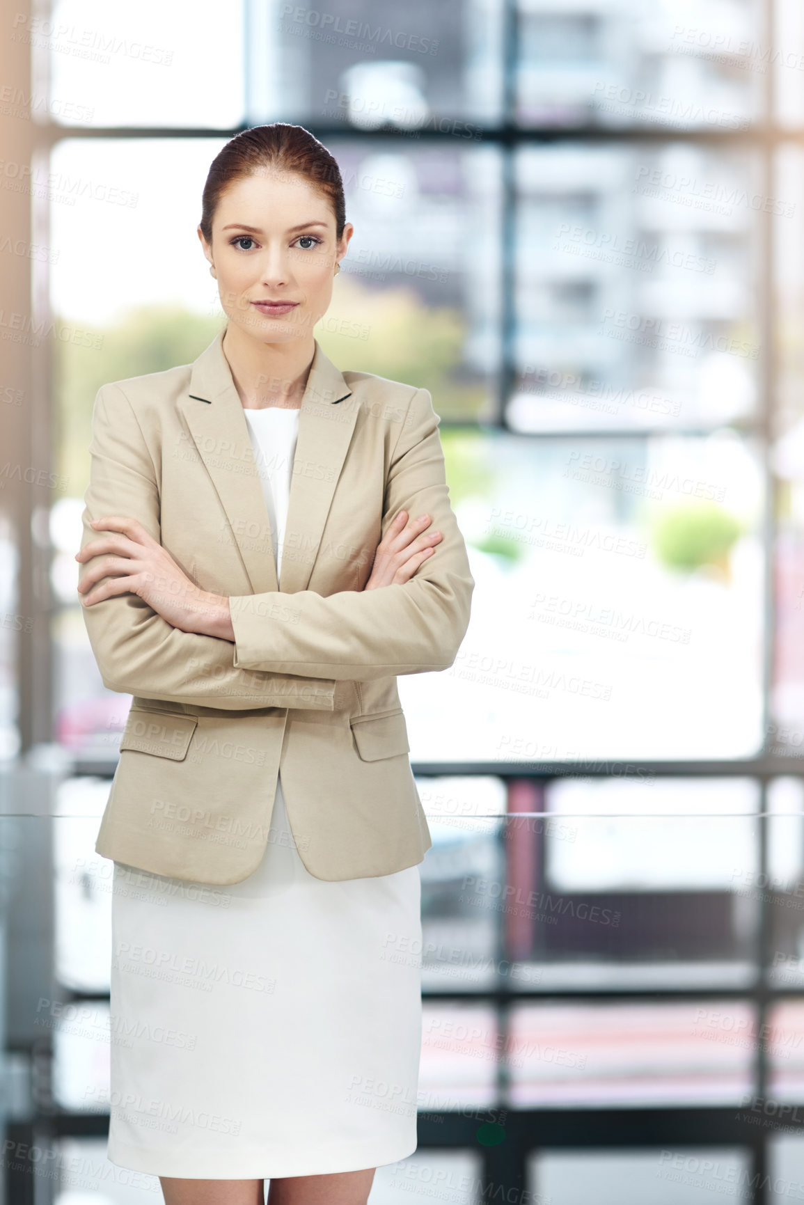 Buy stock photo Crossed arms, office and portrait of business woman for attorney at work, career and job. Professional workplace, corporate lawyer and serious person with confidence, company pride and opportunity