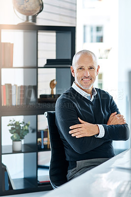 Buy stock photo Office, portrait and mature man at desk with confidence, pride and lawyer with business opportunity. CEO, manager and businessman in workplace with legal career, smile and professional at law firm.