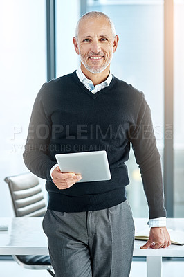 Buy stock photo Office, portrait and mature man with tablet, website review and online report on business opportunity. Networking, communication and CEO businessman at desk with digital app, smile and confidence.