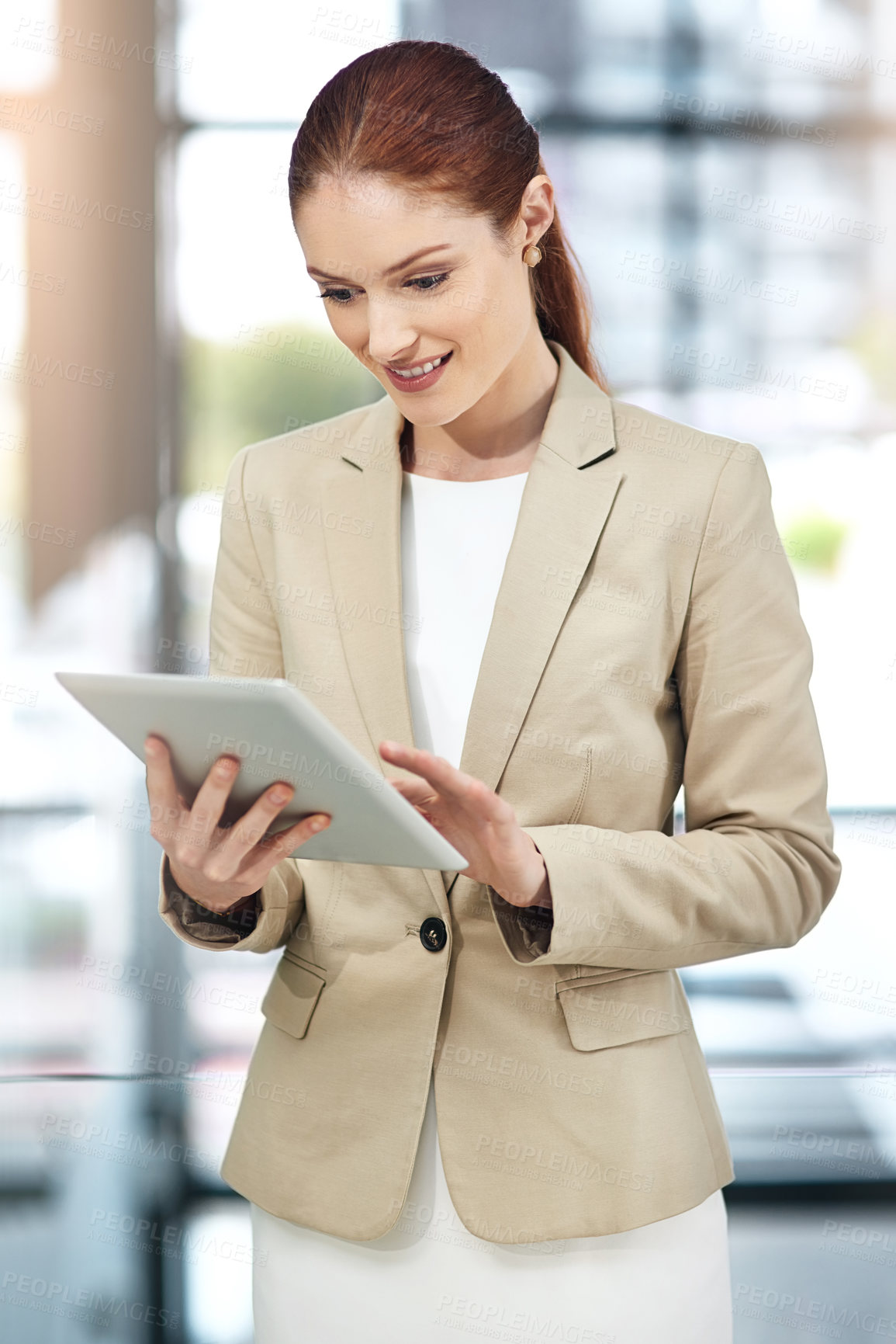 Buy stock photo Reading, tablet and business woman in office for paperless management software and company report. Worker, employee or administrator typing or scroll on digital technology for administration update