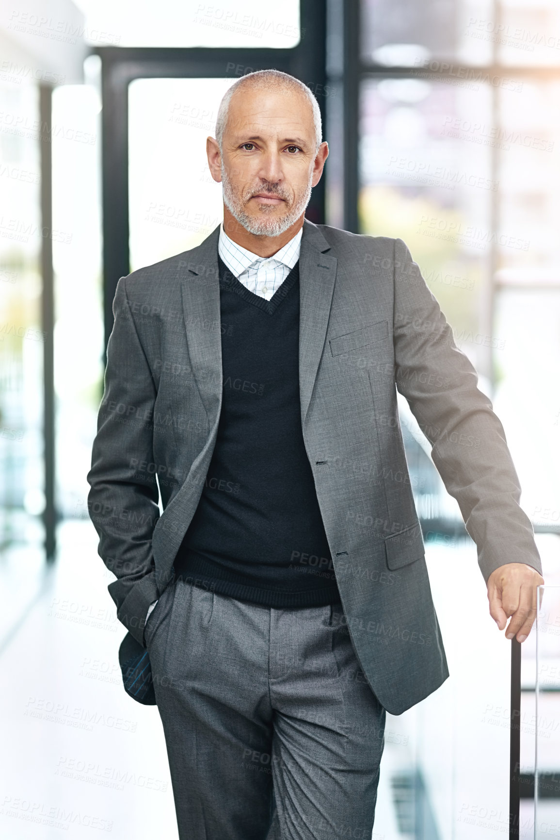 Buy stock photo Office, lobby and portrait of mature man with confidence, pride and support in business opportunity. CEO, entrepreneur or serious businessman with project management, company boss and advisory agency