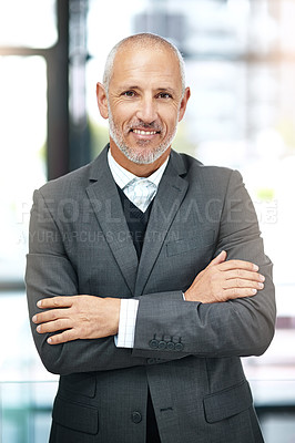Buy stock photo Office, smile and portrait of mature man with arms crossed, pride and support in business opportunity. CEO, entrepreneur or happy businessman with confidence, project management and company boss.