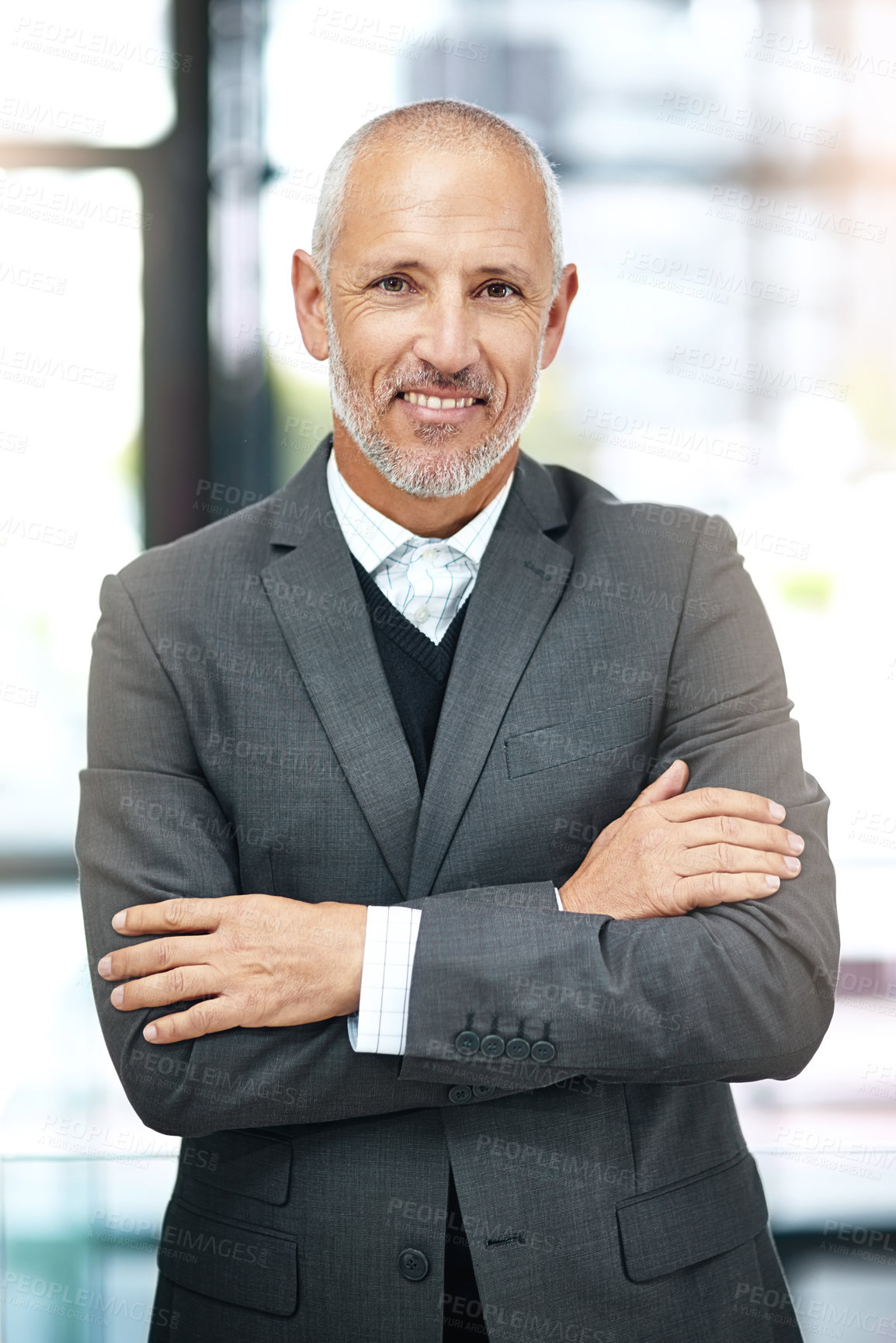 Buy stock photo Office, smile and portrait of mature man with arms crossed, pride and support in business opportunity. CEO, entrepreneur or happy businessman with confidence, project management and company boss.