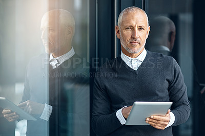 Buy stock photo Window, portrait and mature businessman with tablet, pride and confidence in business opportunity. CEO, entrepreneur or proud boss man with online project management, digital app and office lobby