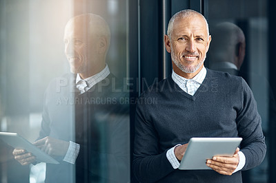 Buy stock photo Window, portrait and mature man with tablet, pride and confidence in business opportunity. CEO, entrepreneur or happy businessman boss with online project management, digital app and office lobby