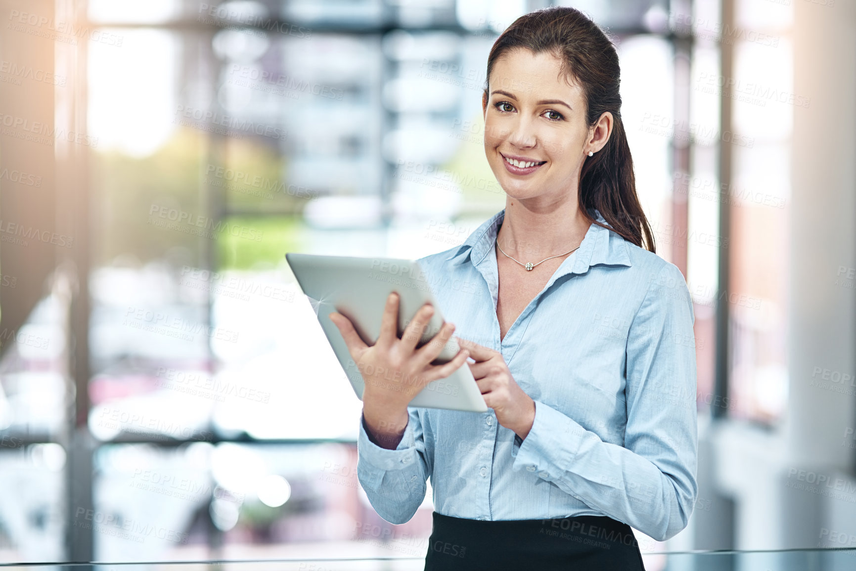 Buy stock photo Office, portrait and woman with tablet, website review and online report on business opportunity article. Networking, confidence and happy businesswoman in lobby with digital app for email connection