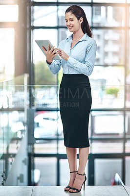 Buy stock photo Office, reading and businesswoman with tablet, website review and online report on business opportunity article. Networking, communication and happy woman in lobby with digital app for checking email
