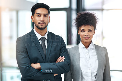 Buy stock photo Portrait, serious and team of business people together in office for cooperation, corporate or about us. Face, confident man and woman with arms crossed for solidarity or collaboration of consultant