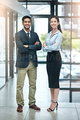 Buy stock photo Portrait, happy and team of business people with arms crossed together in office for cooperation, diversity or about us. Smile, staff or employee with solidarity, confidence or collaboration of agent