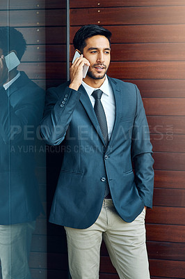 Buy stock photo Man, phone call and networking in office for sale, talking and b2b connection for business planning. Male person, hello and consulting agent or career opportunity, contact and speak on mobile app