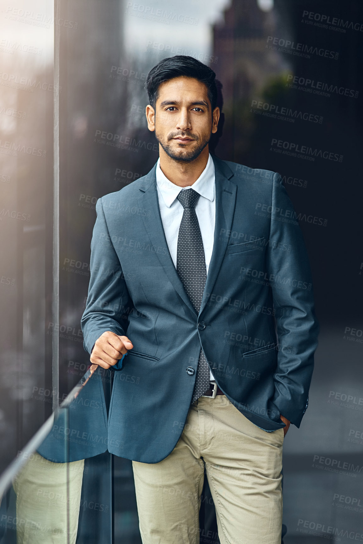 Buy stock photo Office, balcony and portrait of businessman with confidence, career pride and trust in business opportunity. Consultant, entrepreneur or man with arms crossed, ambition and professional job in city