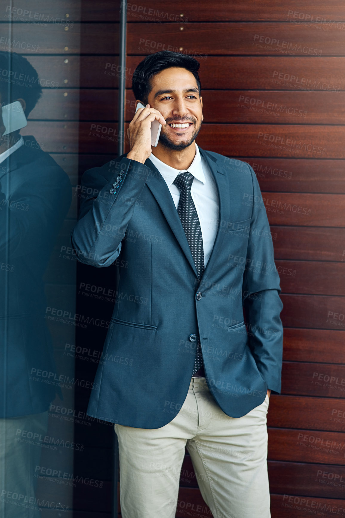 Buy stock photo Man, phone call and networking outdoors, talking and b2b connection for business planning. Happy male person, hello and consulting agent or career opportunity, contact and speaking on mobile app