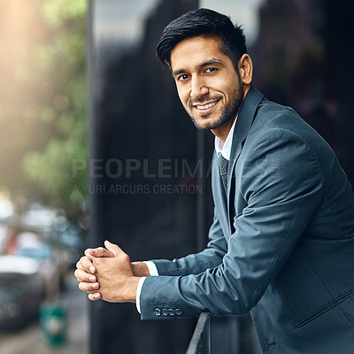 Buy stock photo City, confident and portrait of business man by building for working, career and job opportunity. Professional worker, corporate lawyer and face of person with smile, happy and company pride in India