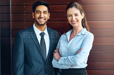 Buy stock photo Portrait, smile and team of business people together in office for cooperation, diversity or about us. Happy man, confident woman and arms crossed for solidarity of agent or face on wood background